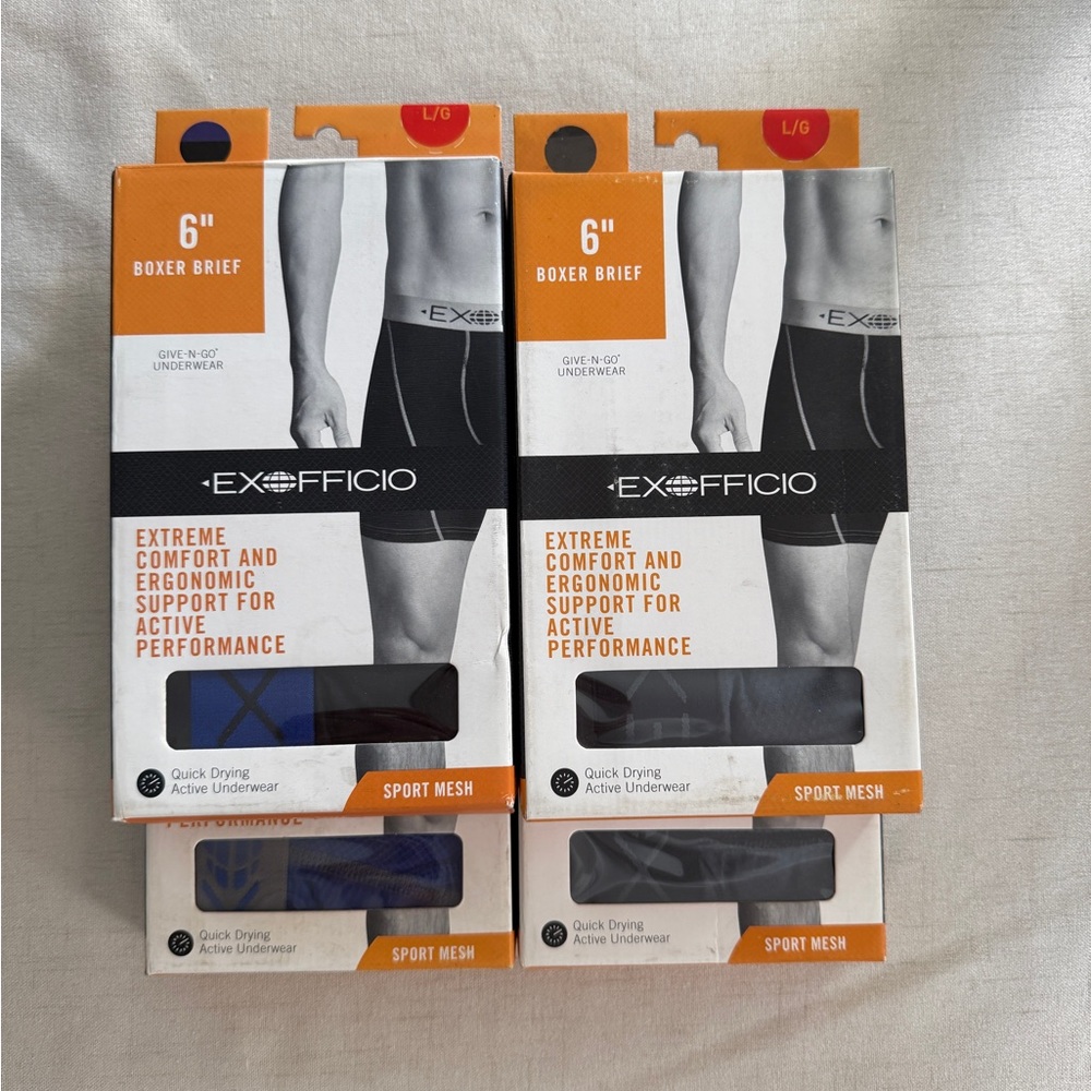 4 pairs ExOfficio Sport Mesh Boxer Briefs - Black Blue grey gray NEW in BOX NIB
